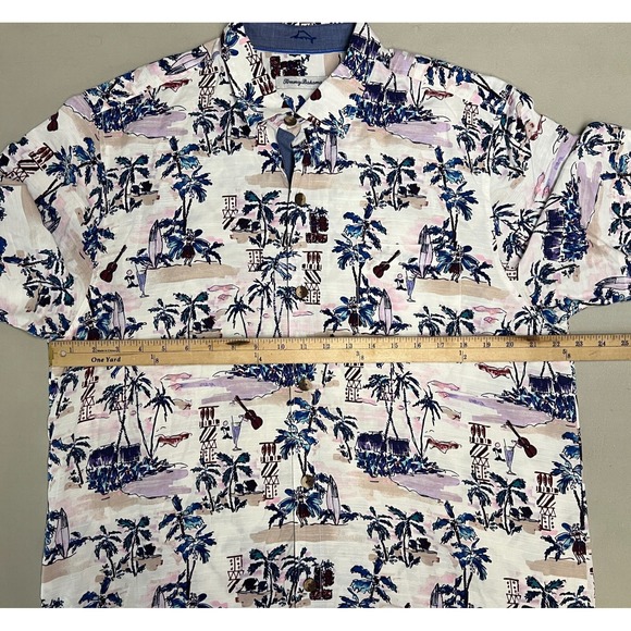 Tommy Bahama Hawaiian Shirt Mens Large Button Up Tree White Blue Aloha - Picture 10 of 11